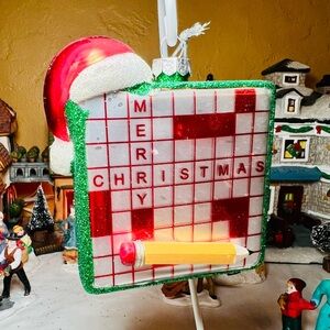 Holiday Crossword Puzzle Glass Ornament - Red and White Merry Christmas Pencil